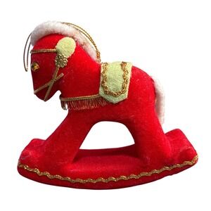VTG Red Velvet Flocked Rocking Horse Figurine With Gold & White Accents Ornament